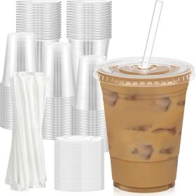 100 Pack - 16 oz Clear Plastic Cups with Lids and Straws, Sturdy & Food Safe Iced Coffee Cups with lids