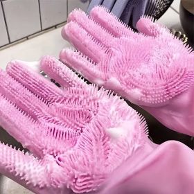 1pair Kitchen Silicone Dishwashing Gloves; Housework Cleaning Waterproof Insulation Magic Gloves; Dishwashing Brush (Color: pink, Material: Silica Gel)
