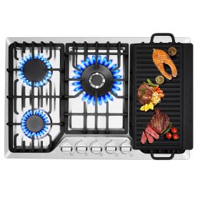 Gas Cooktop 30/36 Inch, 5 Burner Gas Stove Top, Built in Stainless Steel, LPG/NG Convertible Propane Cooktop (type: 30inch(with Griddle))